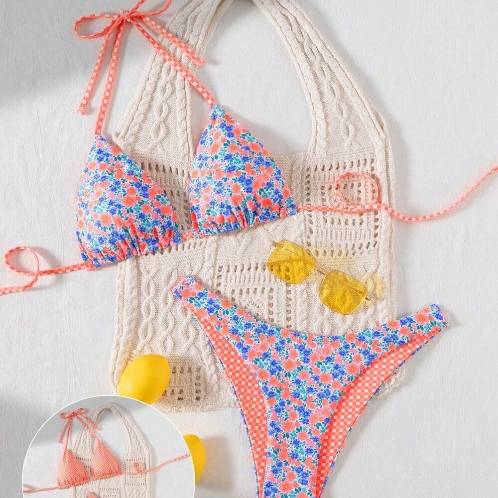 Multicolor Casual Women's Sexy Double‑Side Bikini Set with Side‑Tie Shorts